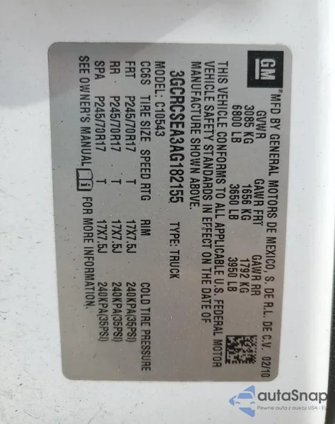 2010 Chevrolet Silverado C1500 Lt z USA, uszkodzony, nr VIN 3GCRCSEA3AG182155